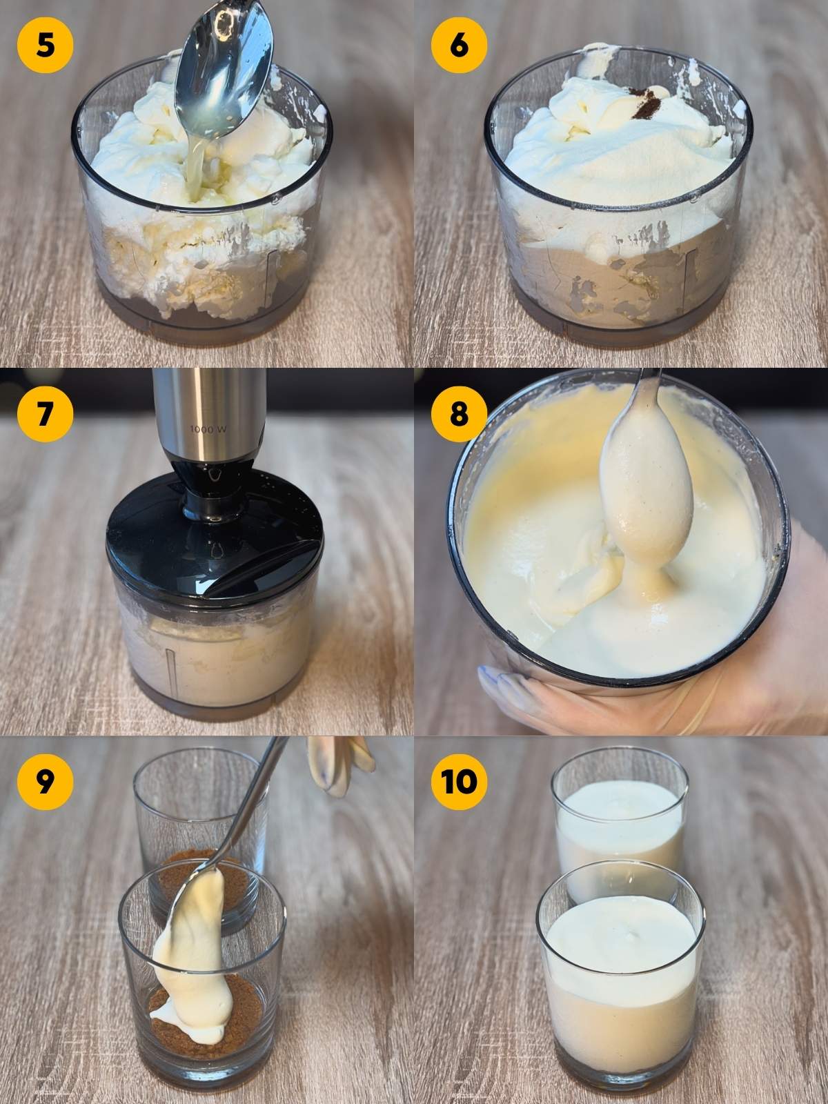 Six-panel recipe photo showing the preparation of the cheesecake filling, blending high-protein yogurt, cream cheese, cottage cheese, and protein powder before spooning it over the biscuit base.
