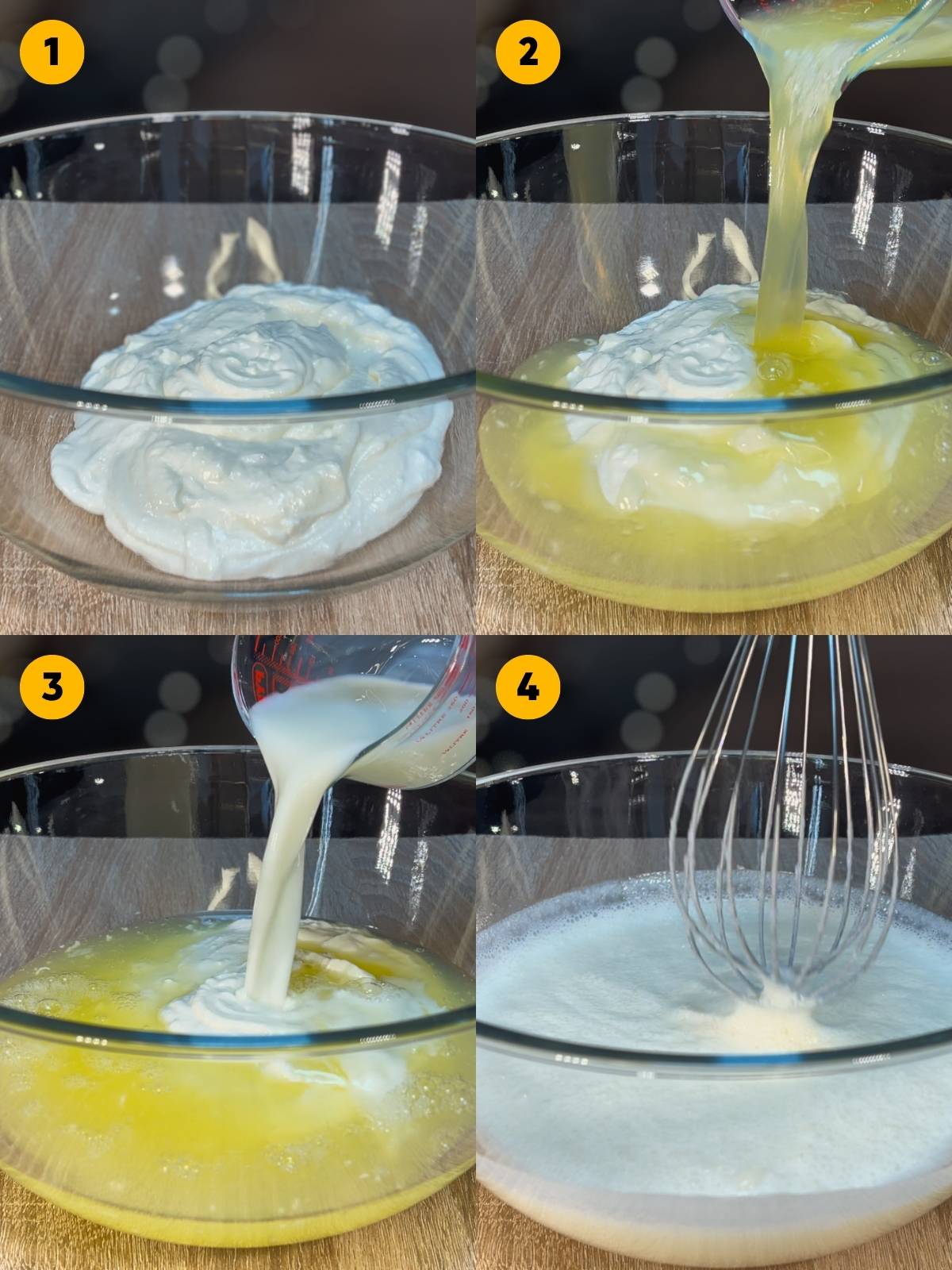 Four-panel step-by-step recipe photo showing the initial wet ingredient preparation, including mixing high-protein yogurt, egg whites, and low-fat milk with a whisk in a glass bowl.