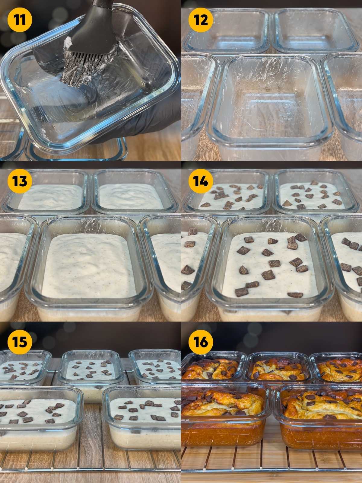 Six-panel recipe photo detailing the assembly process, showing glass containers being brushed with coconut oil, filled with pancake batter, topped with dark chocolate chips, and baked until golden brown.