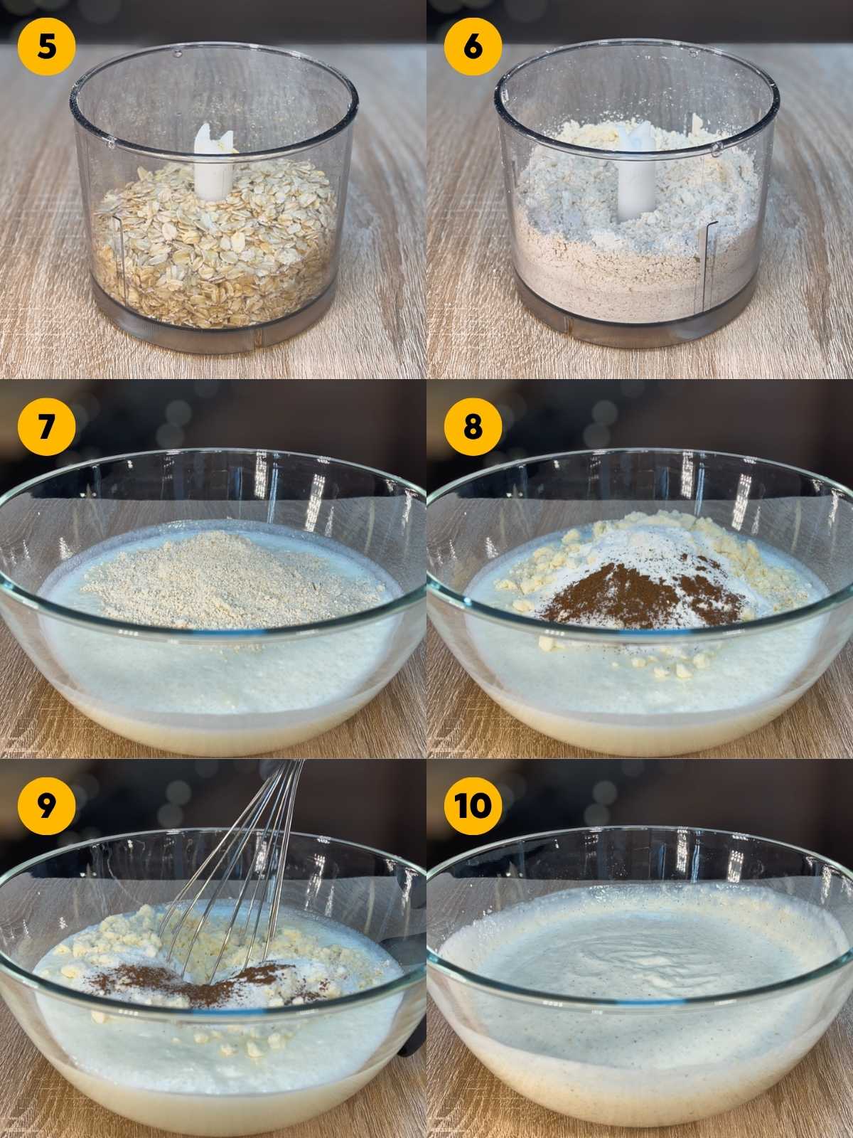 Six-panel recipe photo showing the blending of rolled oats into flour and mixing the dry ingredients into the liquid batter with vanilla protein powder and vanilla powder.