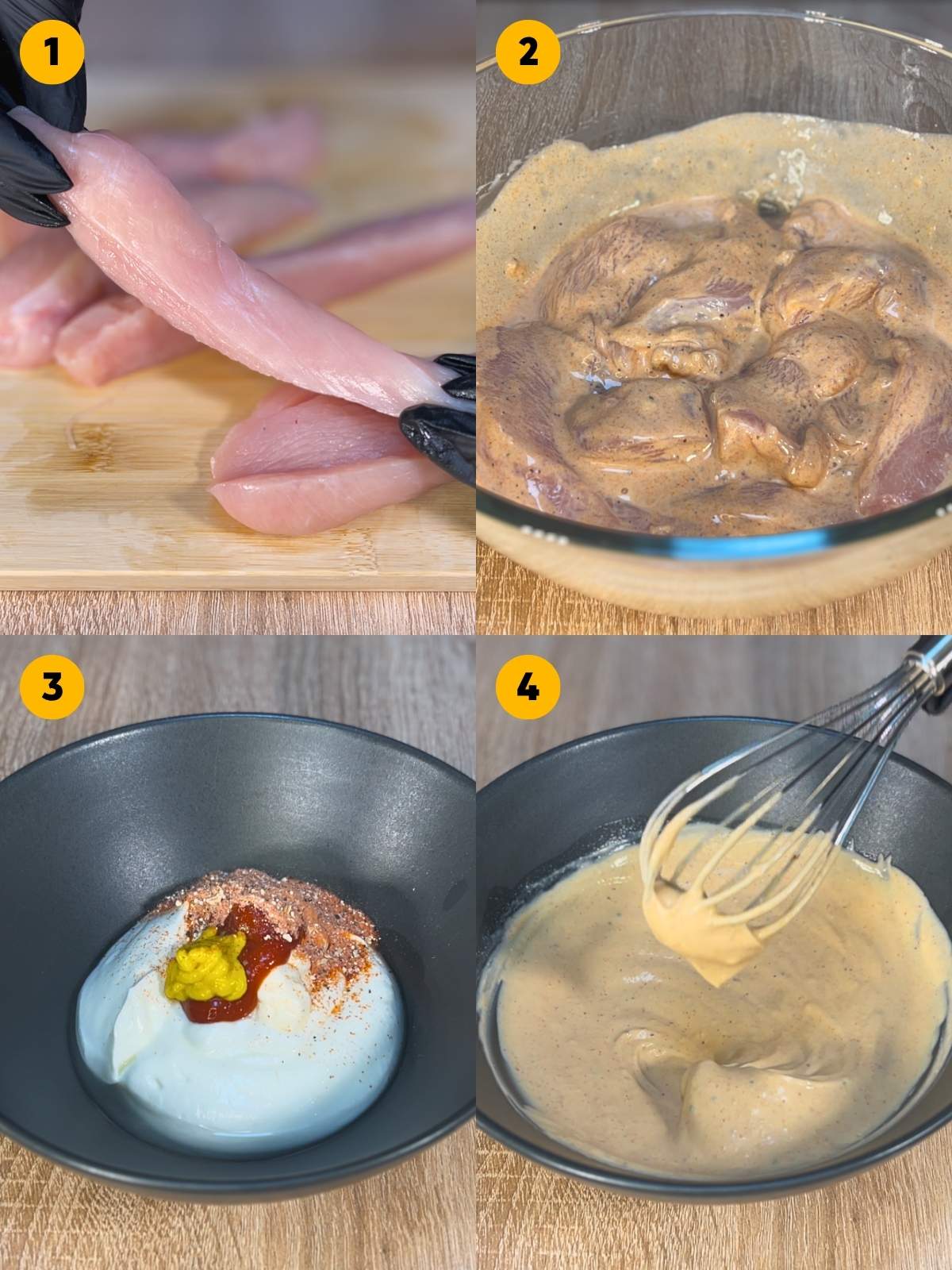Four-panel step-by-step recipe photo showing raw chicken breasts being sliced on a board, marinating the chicken in a bowl, adding yogurt, mustard, and ketchup into a dish, and whisking the dipping sauce together.