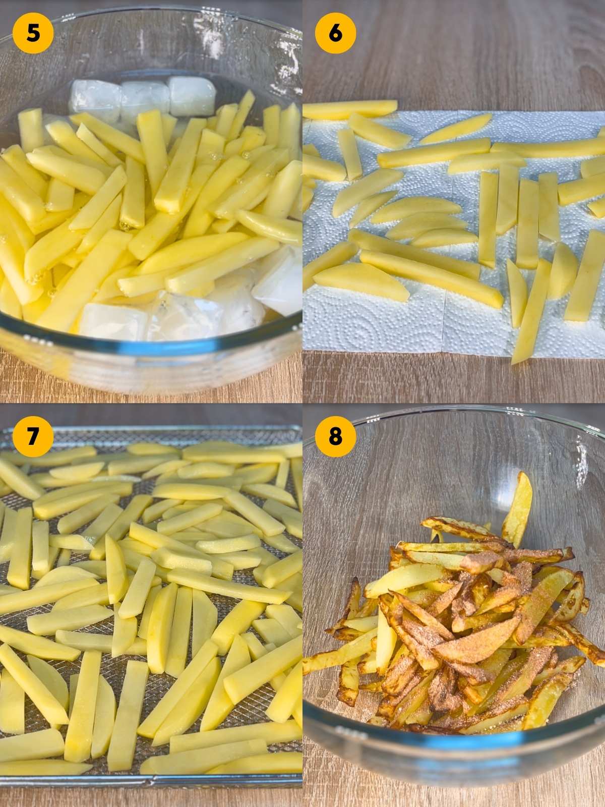 Four-panel step-by-step recipe photo showing french fries preparation, including soaking cut potatoes in ice water, drying them on paper towels, placing them on an air fryer rack, and tossing the baked fries with seasonings in a bowl.