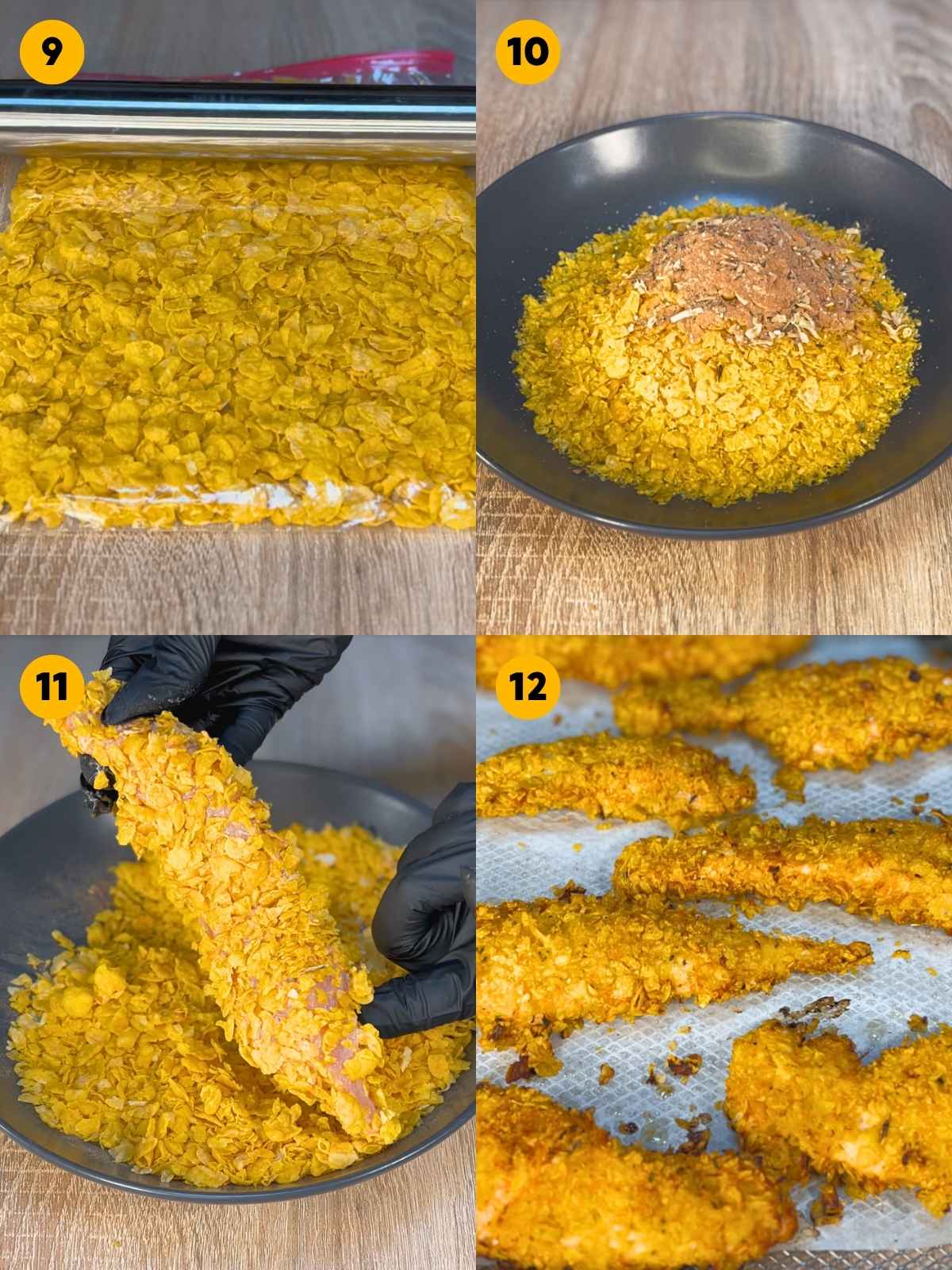 Four-panel step-by-step recipe photo showing the chicken coating process, including crushing cornflakes in a zip-top bag, mixing the crumbs with spices in a bowl, dredging a chicken strip in the cornflakes, and baking them until golden.