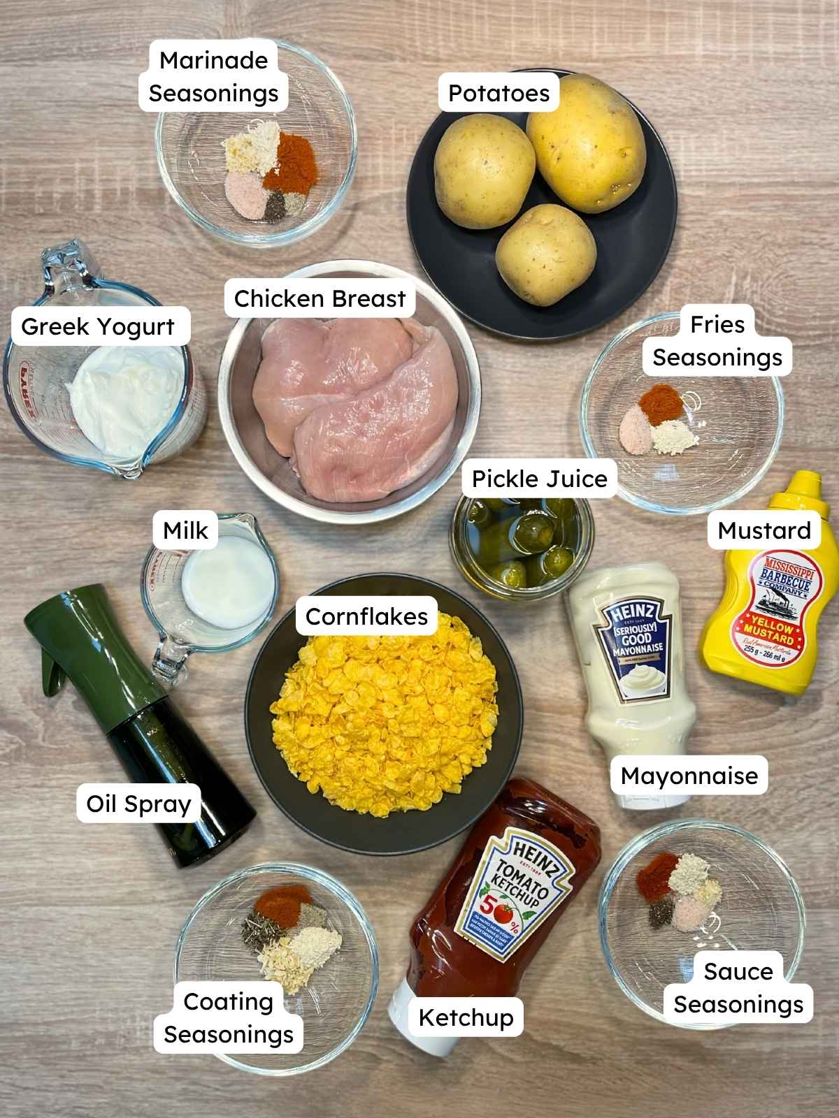 Labeled ingredient overview on a wooden table showing everything needed for air fryer chicken strips and fries, including chicken breast, potatoes, cornflakes, Greek yogurt, milk, sauces, and spices.