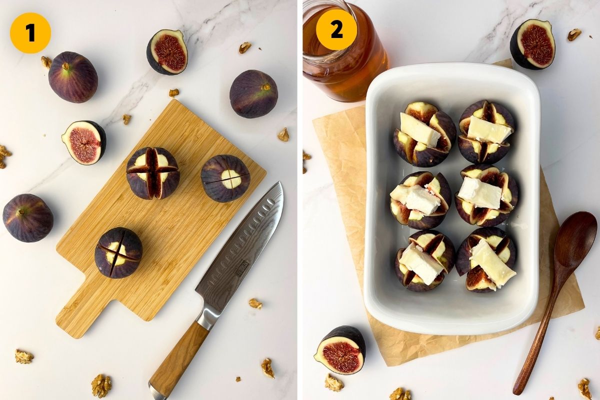 Two-panel recipe step photo showing fresh figs sliced open on a cutting board, and six figs placed in a white baking dish stuffed with thick slices of goat cheese.