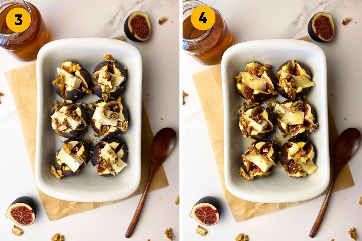 Two-panel recipe step photo showing the baking dish with figs topped with chopped walnuts and honey before baking, and the final melted, golden-brown results after baking.