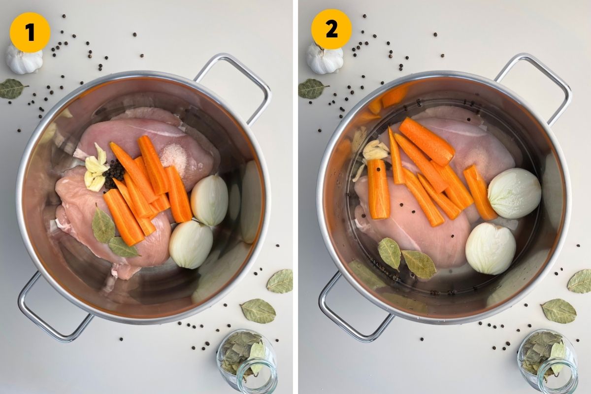 Two-panel recipe step photo showing a stainless steel pot filled with raw chicken breasts, carrots, and onions, with the second panel showing the same ingredients already covered in water.