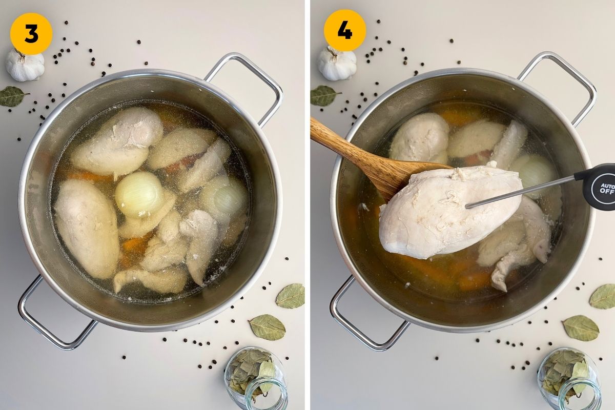 Two-panel recipe step photo showing the chicken breasts boiling with vegetables in broth, and a kitchen thermometer checking the internal temperature of a cooked chicken breast.