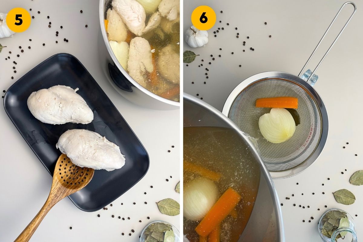 Two-panel recipe step photo showing a wooden slotted spoon transferring cooked chicken breasts onto a dark plate, and a metal strainer removing carrots and onions from the clear broth.