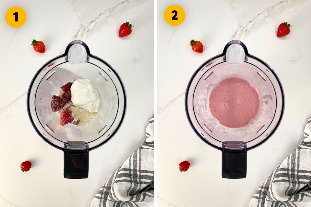 Two-panel recipe step photo showing whole strawberries, Greek yogurt, and protein powder in a blender, alongside the smoothly blended protein milkshake.