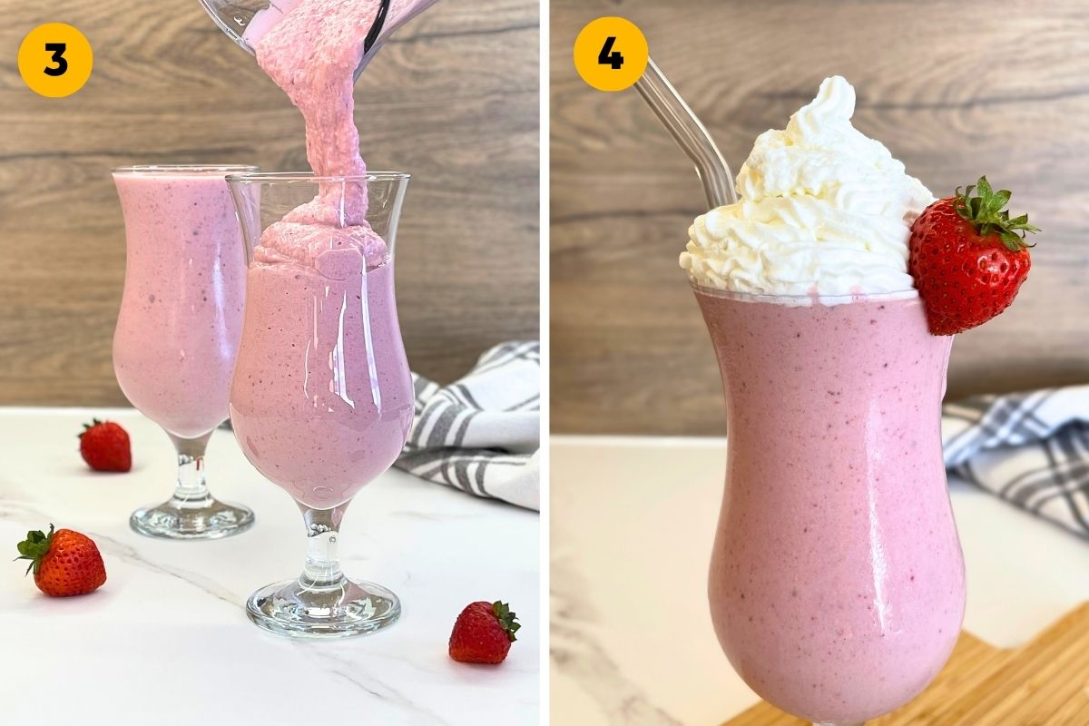 Two-panel recipe step photo showing a pink protein strawberry milkshake being poured into a tall glass, and the final drink topped with light whipped cream and a strawberry.
