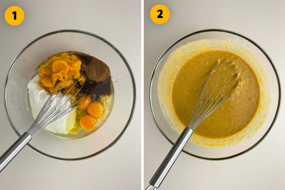 Two-panel recipe step photo showing wet ingredients like pumpkin puree, coconut sugar, eggs, and Greek yogurt in a glass bowl, and whisking them together into a smooth batter.