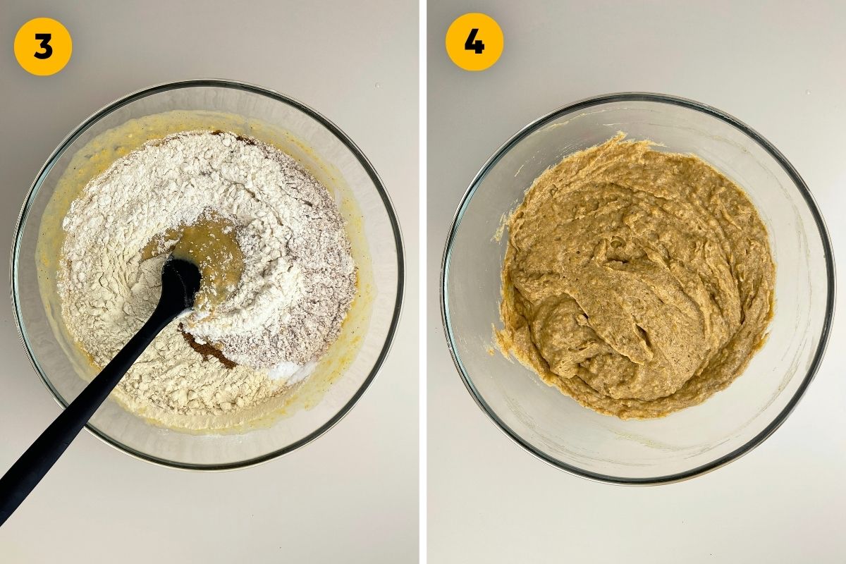 Two-panel recipe step photo showing dry ingredients like flour and protein powder added to the wet mixture, and stirring them together into a thick pumpkin banana bread batter.