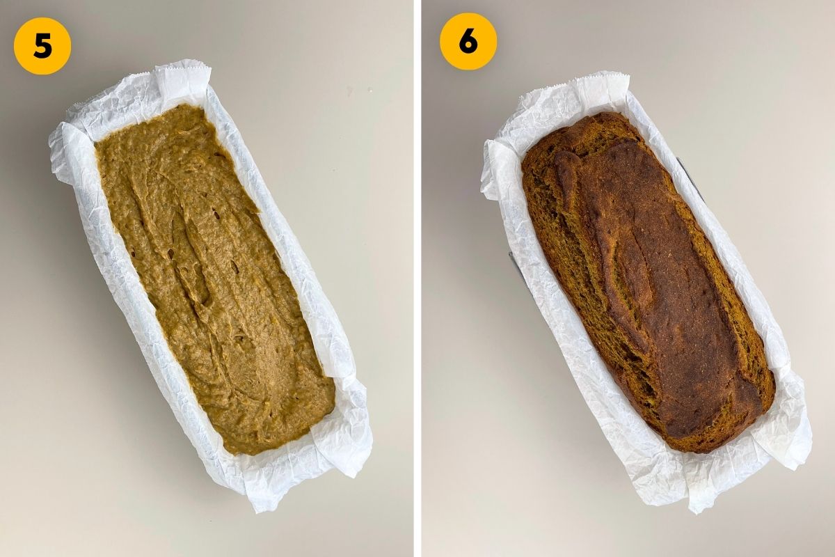 Two-panel recipe step photo showing the pumpkin banana bread batter smoothed out in a parchment-lined loaf pan, and the freshly baked golden-brown loaf straight out of the oven.