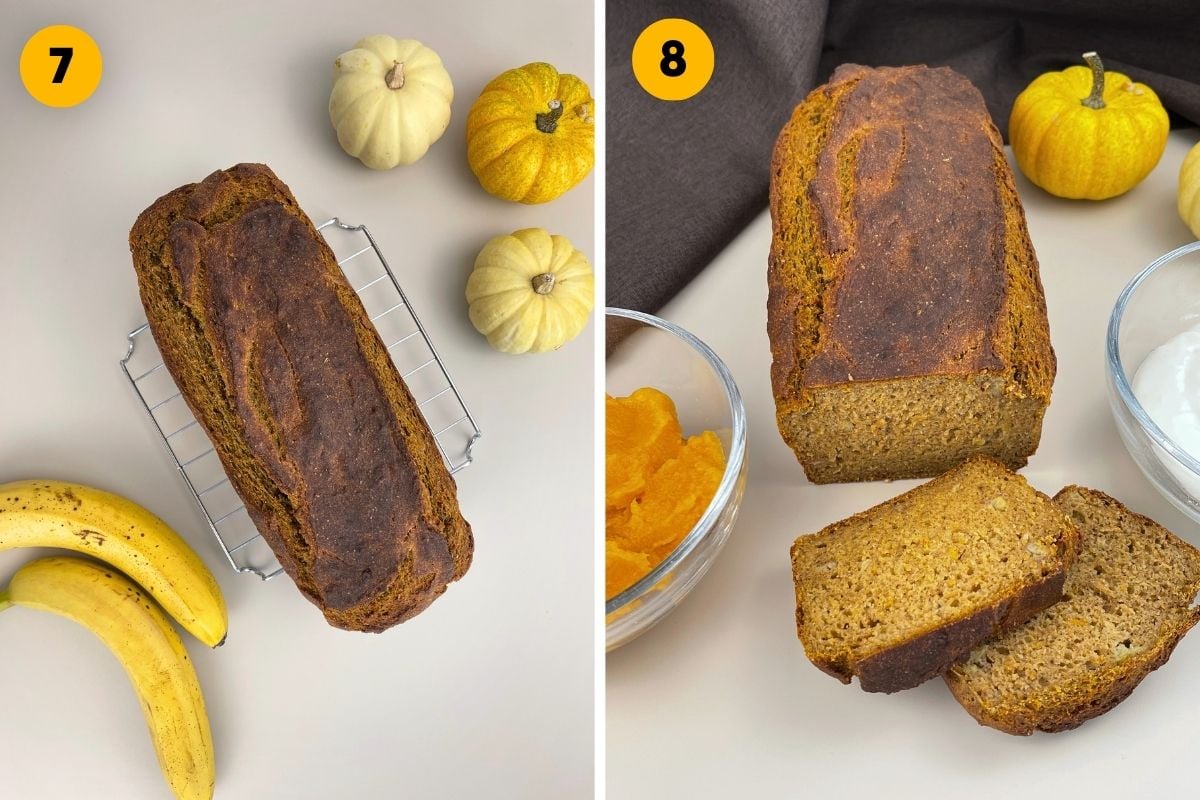 Two-panel recipe photo showing the baked loaf cooling on a wire rack next to fresh bananas, and the sliced pumpkin banana bread.