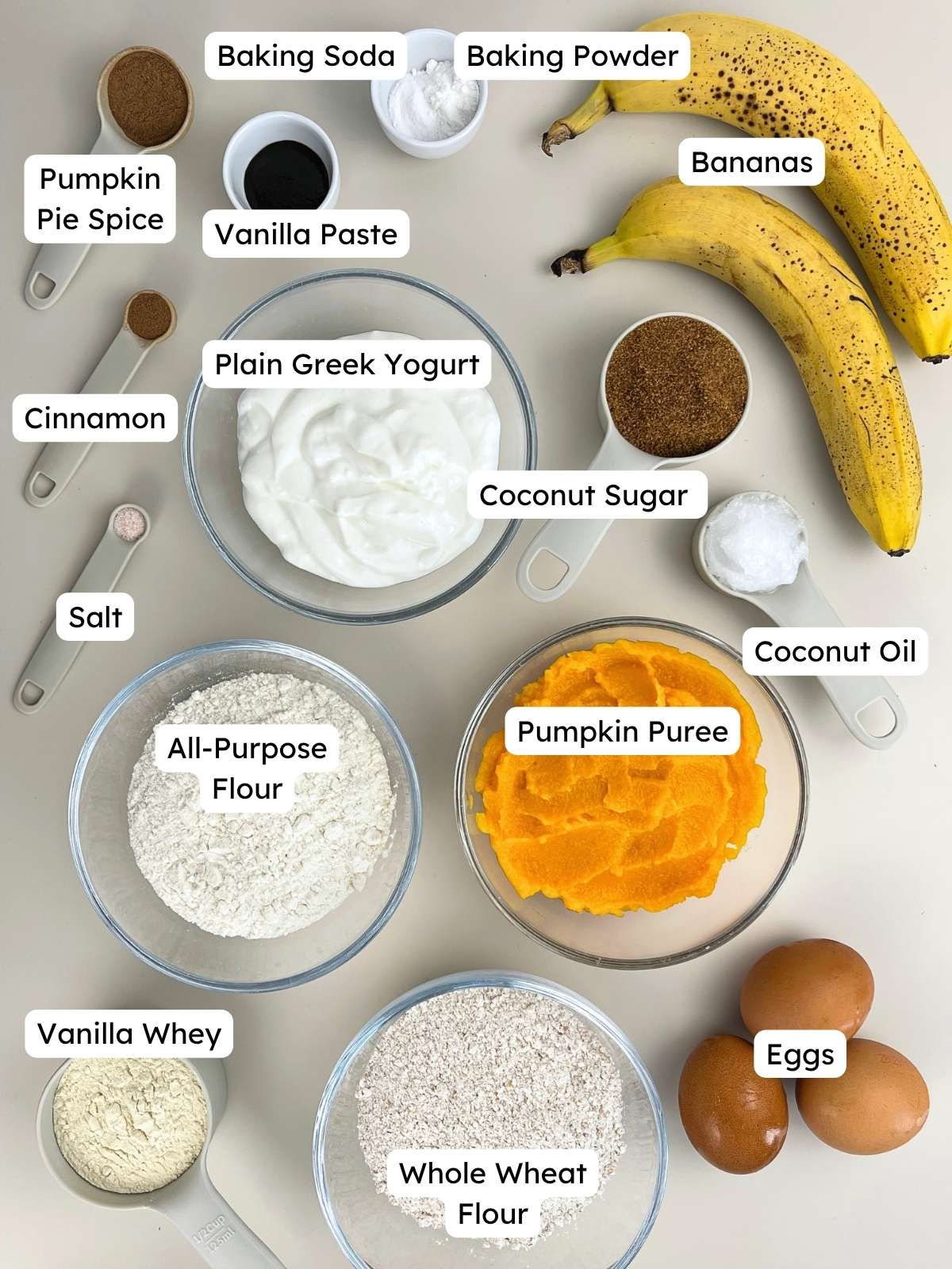 Labeled ingredient overview on a clean background showing everything needed to make pumpkin bread with bananas and Greek yogurt, including flour, protein powder, pumpkin puree, bananas, and spices.